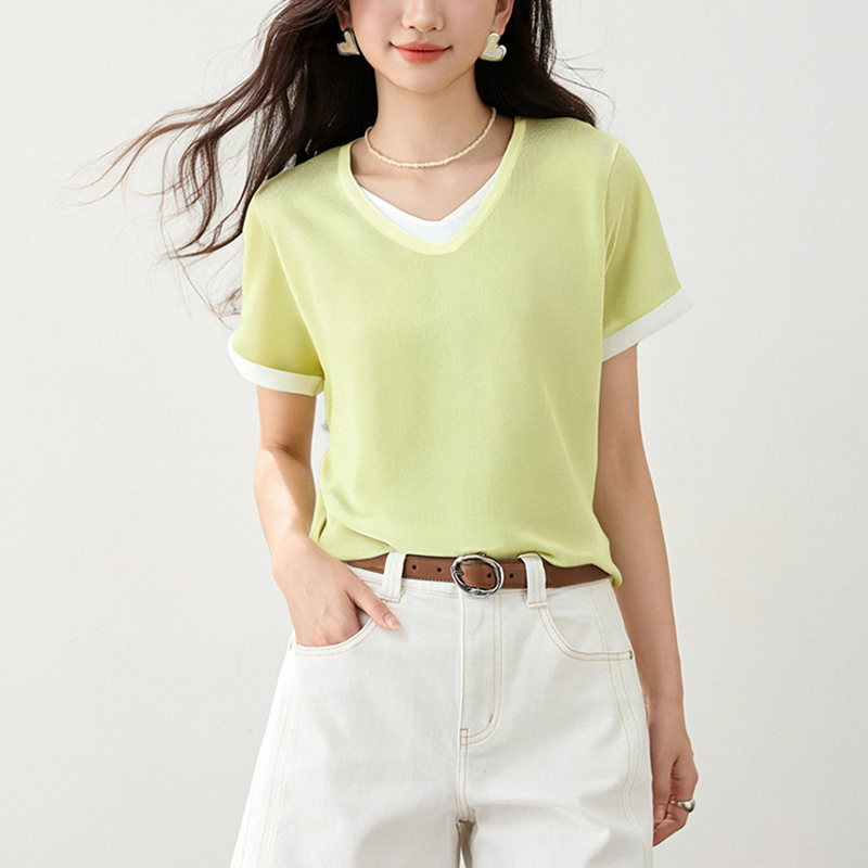 正肩拼色假兩件針織短袖T恤(2色)