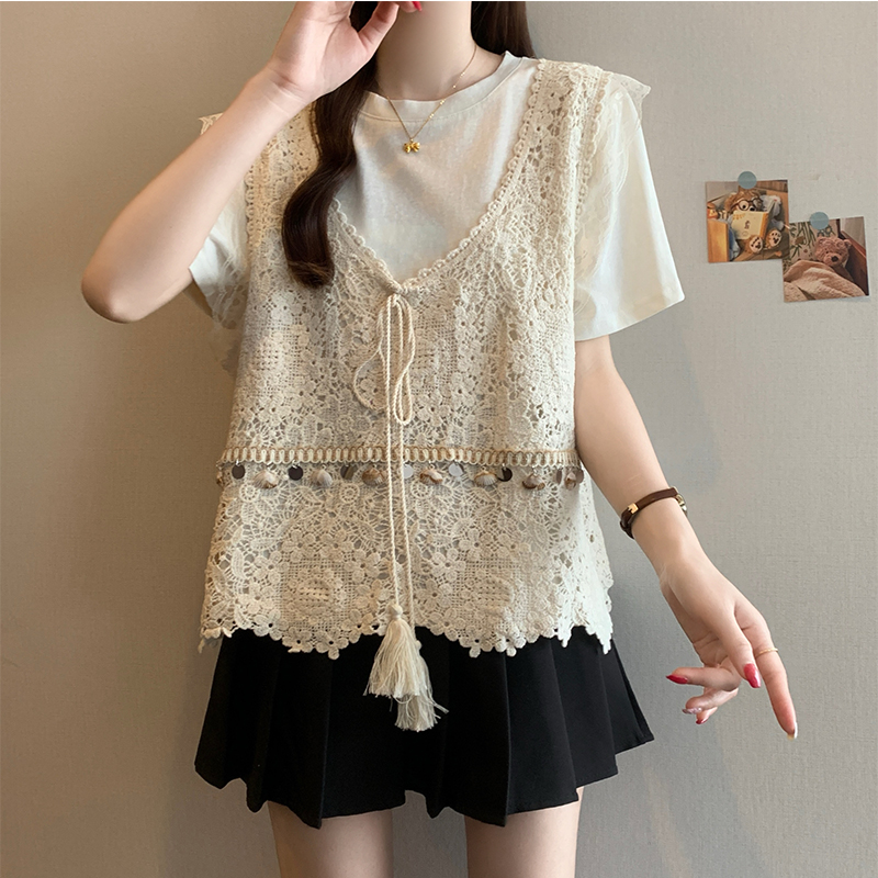 時尚鏤空針織短袖T恤兩件套裝