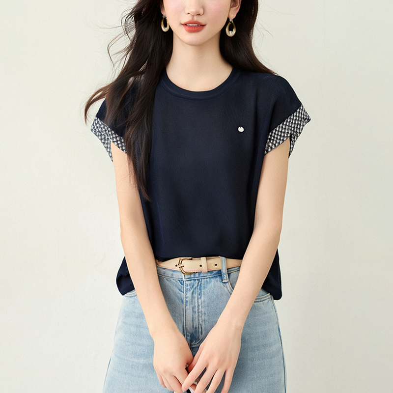 圓領拼色刺綉針織T恤(2色)