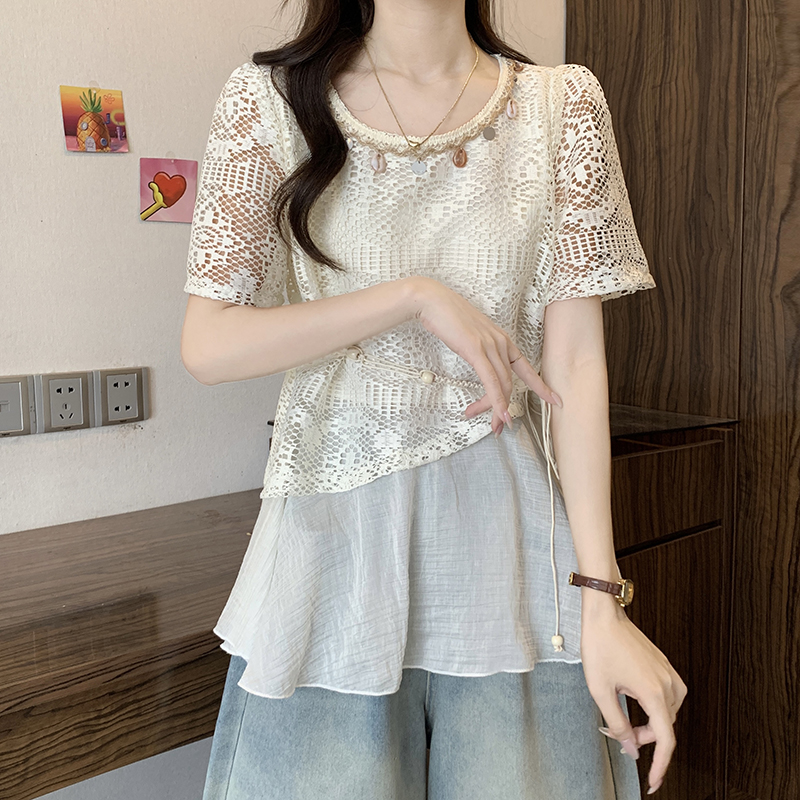 時尚鏤空假兩件短袖小衫(2色)