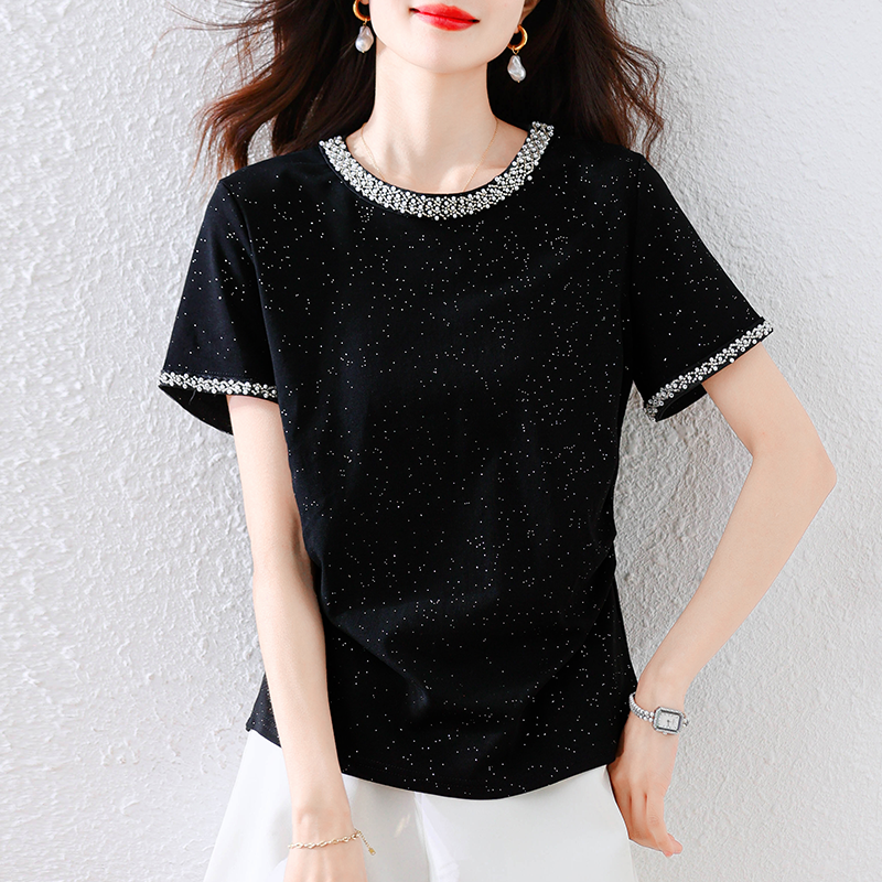 高級感圓領滿天星鑲鑽短袖T恤