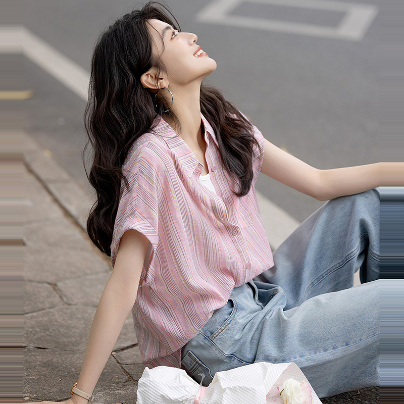 舒適復古翻領條紋連肩短袖襯衫(2色)