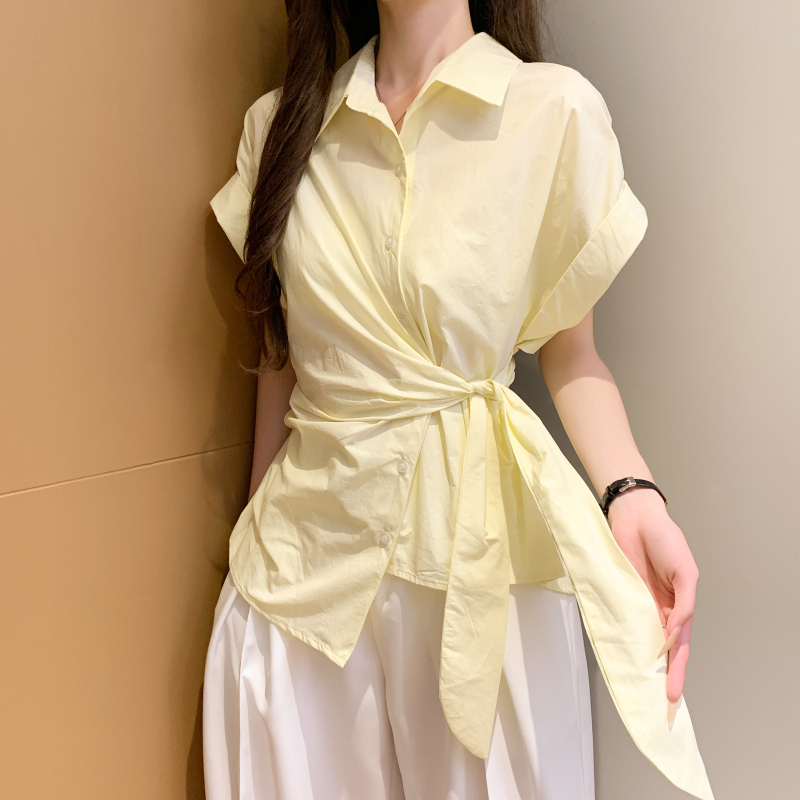 韓國休閒翻領繫帶排扣襯衫(3色)