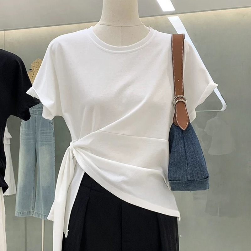 韓系交叉綁帶收腰設計不規則T恤(2色)