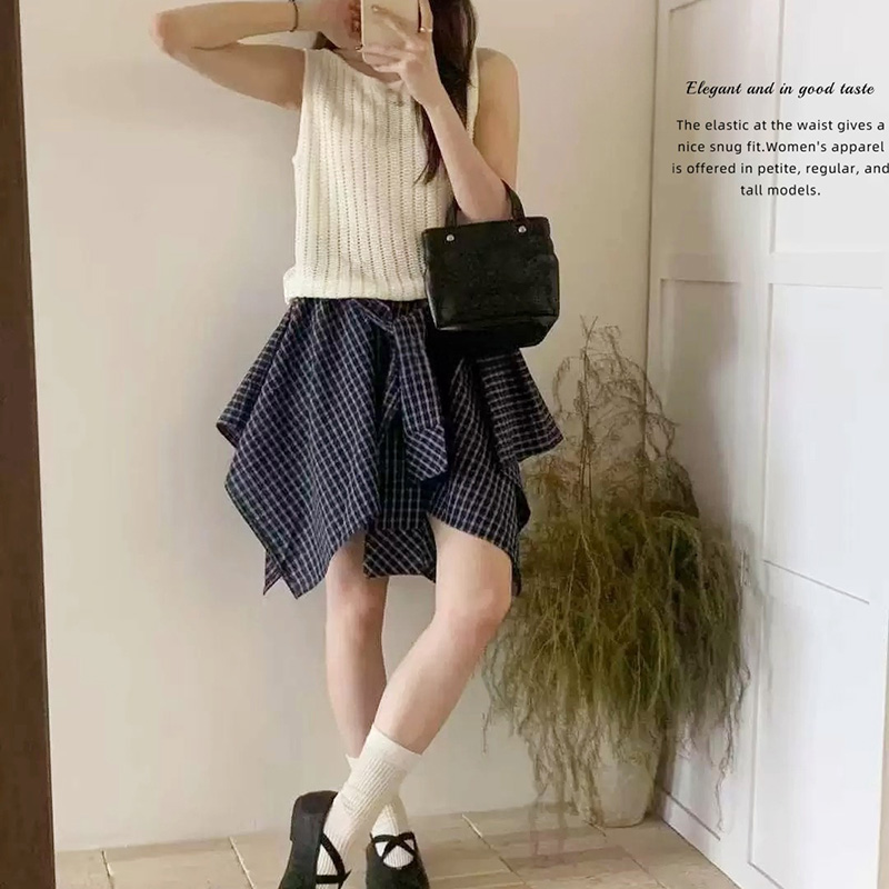 韓系休閒運動百搭綁帶格紋不規則半裙(2色)