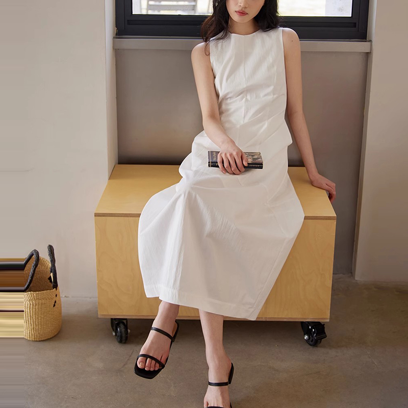 法式圓領拼收腰無袖連身裙(2色)