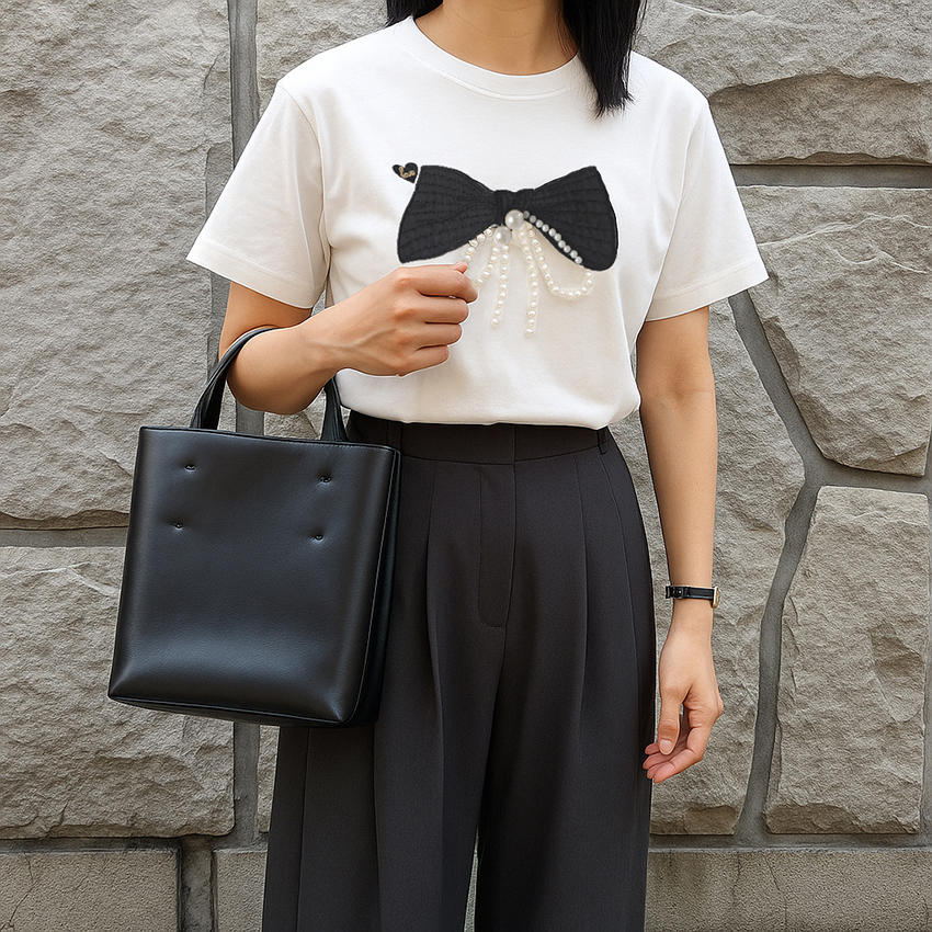 日系蝴蝶結珠鏈裝飾棉T恤(2色)