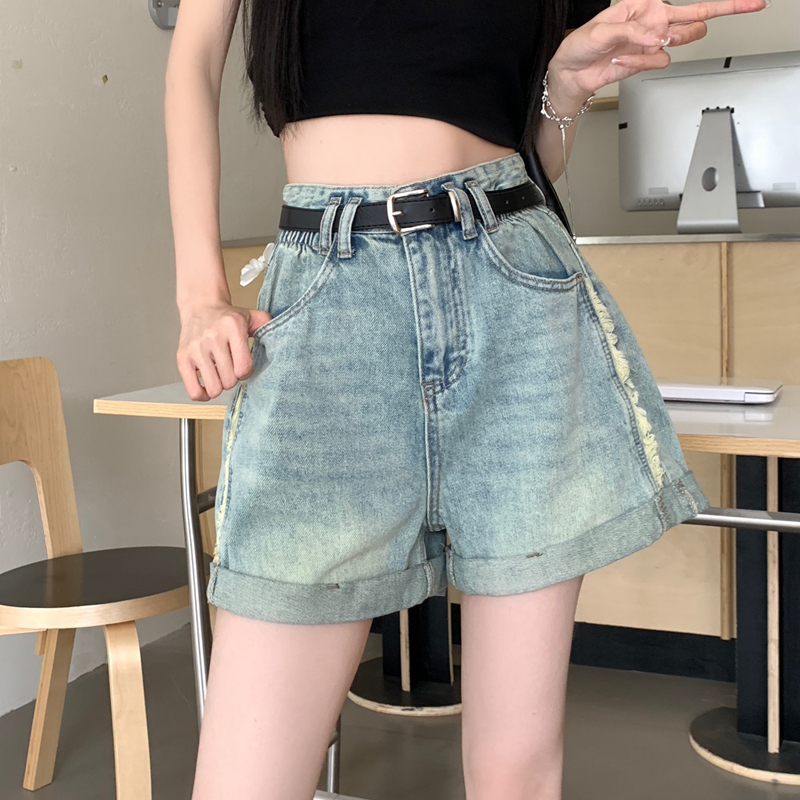 高腰水洗A字捲邊牛仔短褲