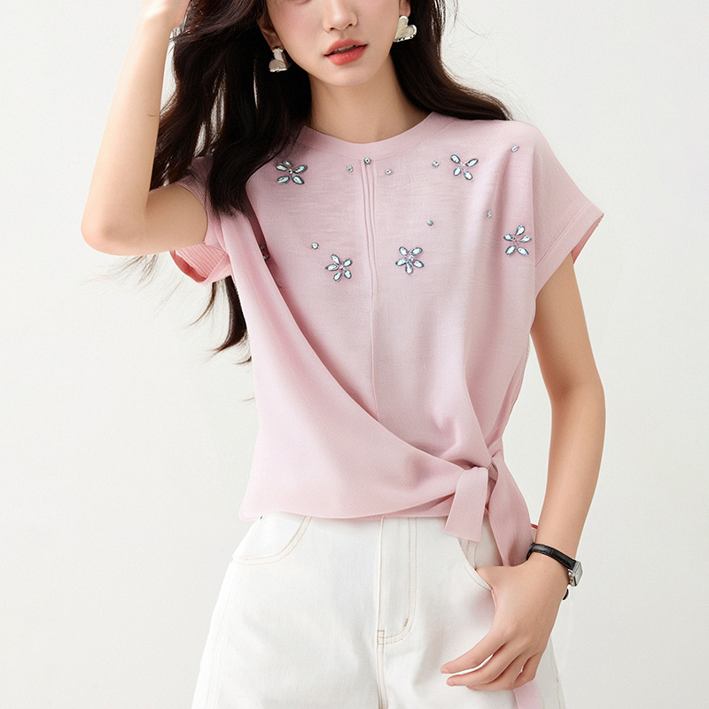 釘珠側邊綁帶設計小飛袖針織T恤(3色)