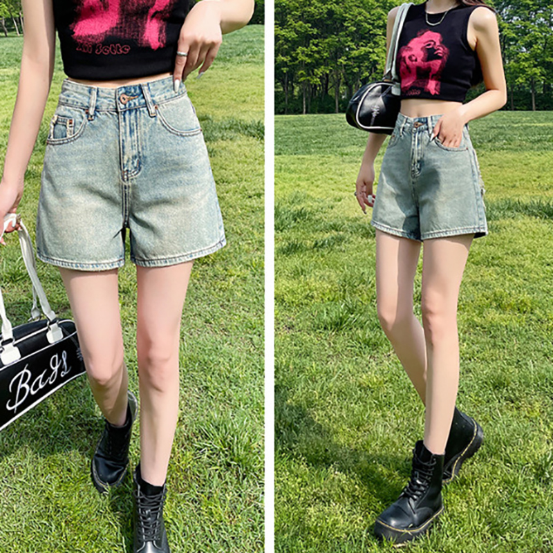 寬鬆高腰直筒牛仔短褲