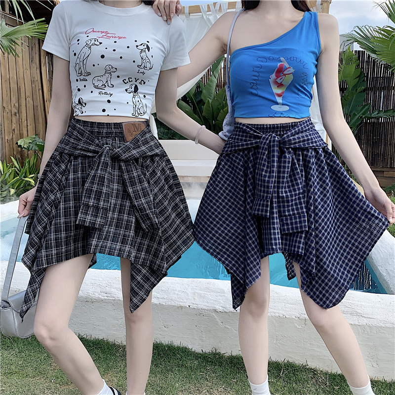 假兩件綁帶格紋不規則短裙