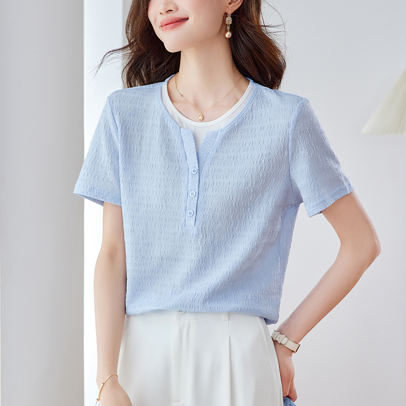 優雅假兩件拼接肌理短袖T恤