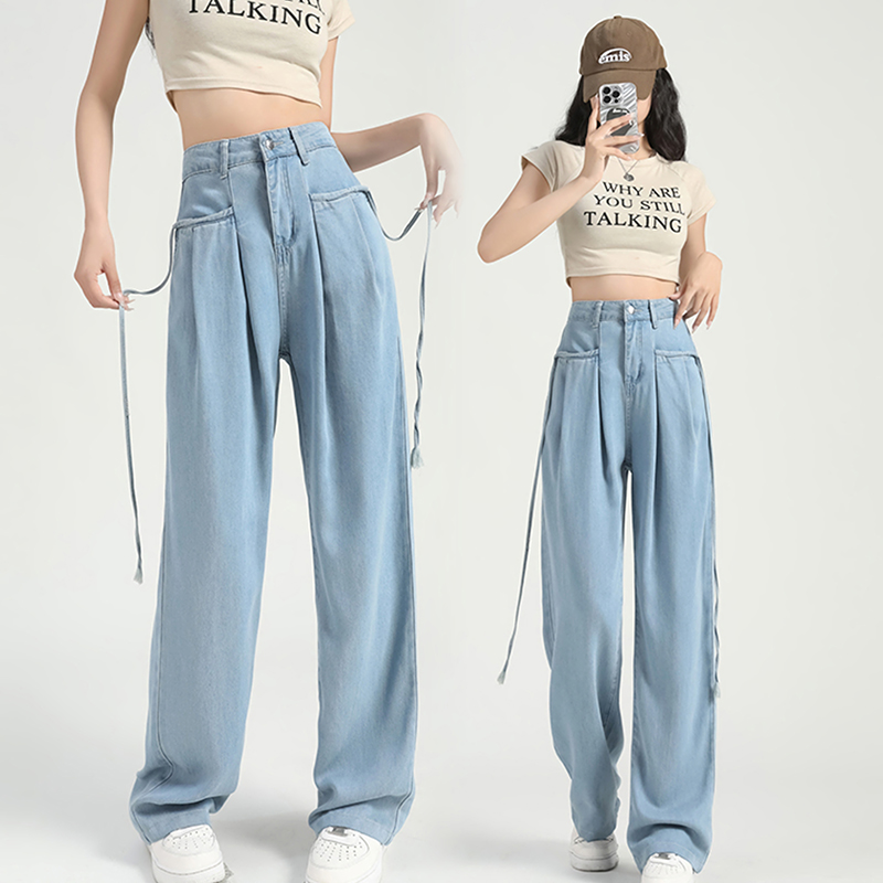慵懶舒適高腰抽繩薄款牛仔褲