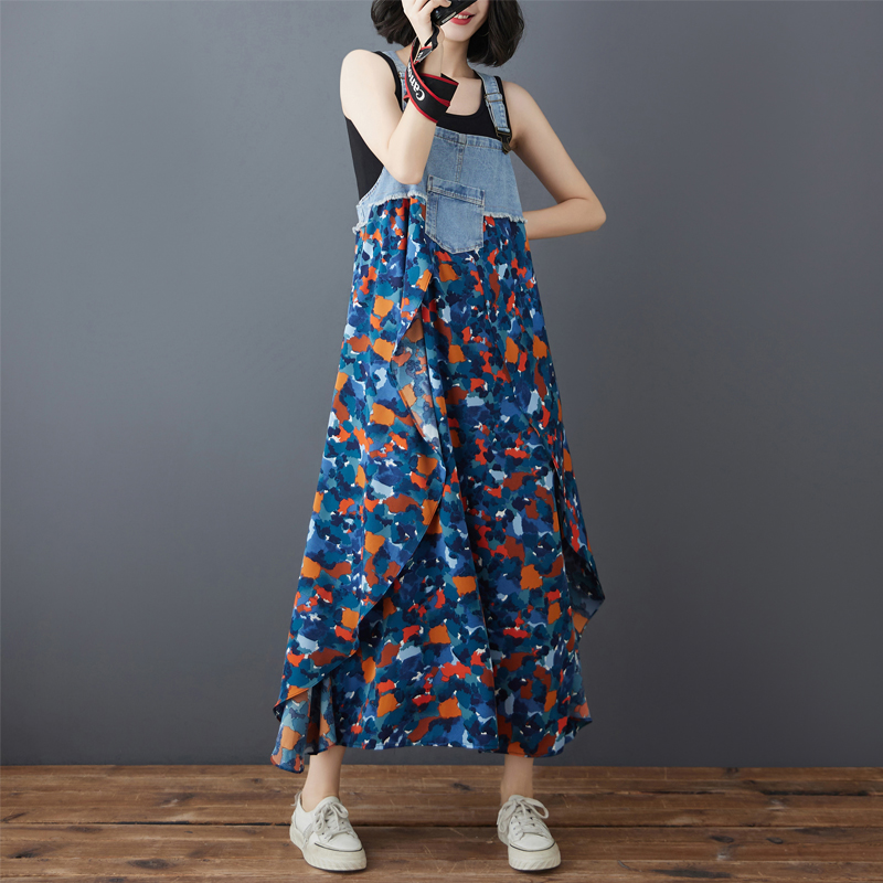 韓系荷葉邊牛仔雪紡拼接背帶款連身裙(15色)