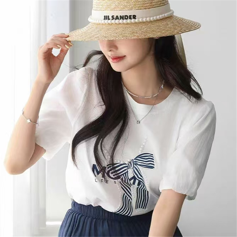 蝴蝶結珍珠拼接印花短袖T恤(2色)