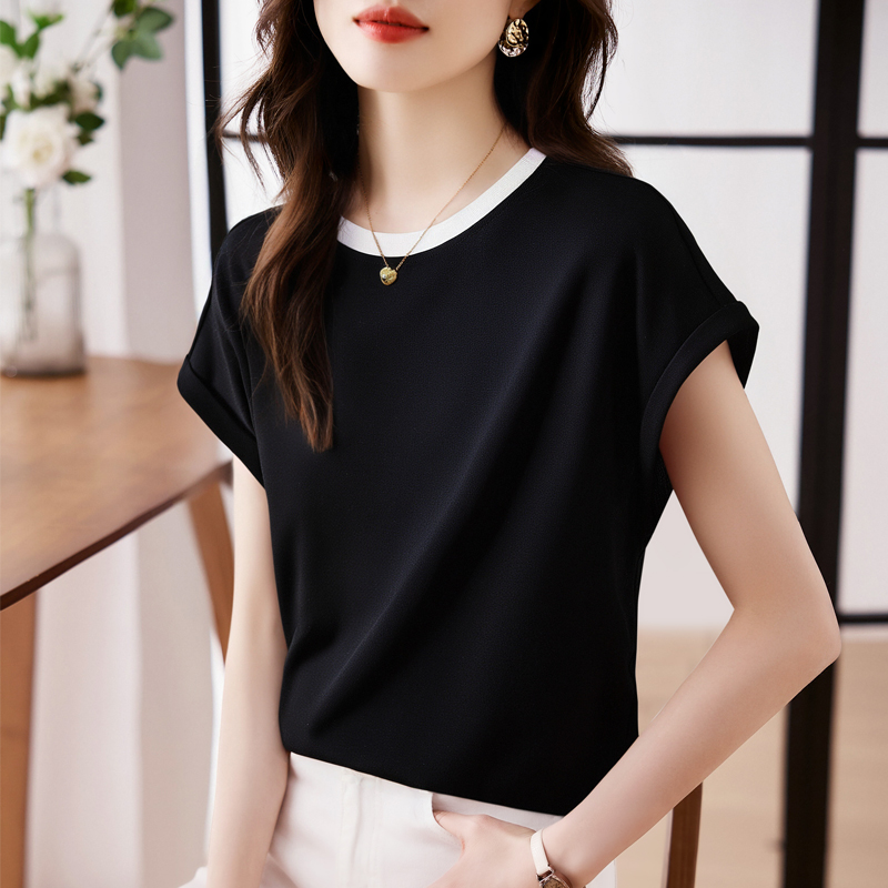 優雅圓領拼接短袖T恤(2色)