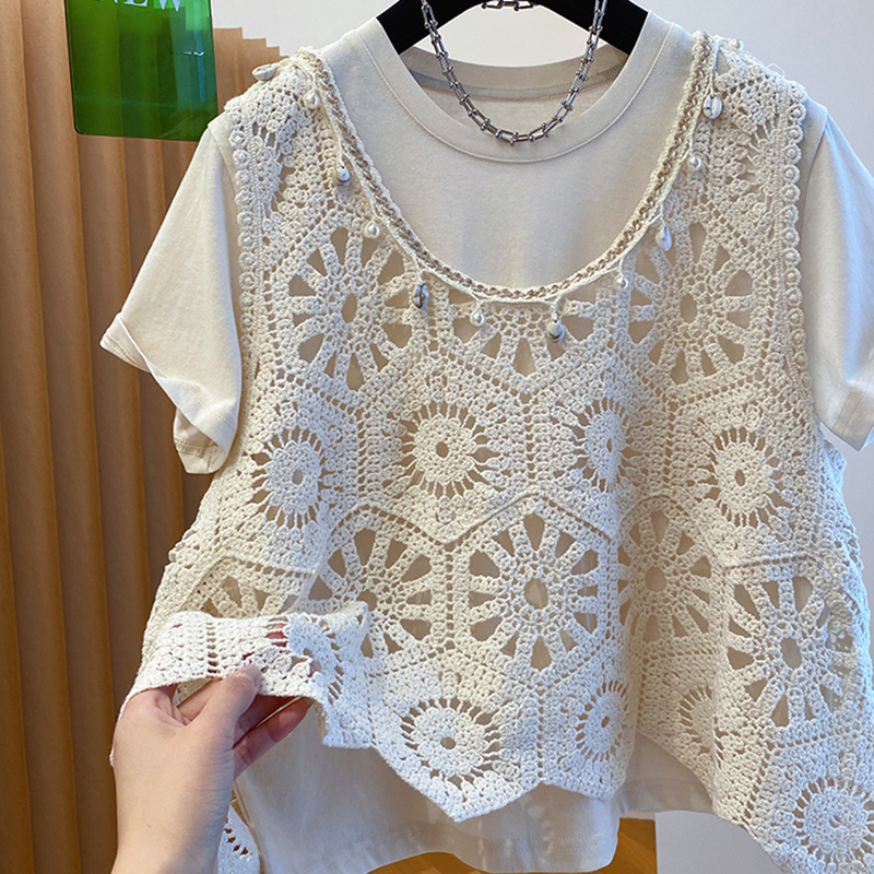 新款針織鏤空馬甲圓領短袖