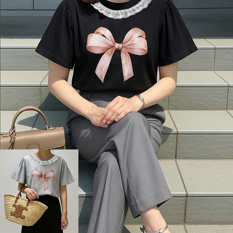 時尚圓領拼接蕾絲短袖T恤(2色)