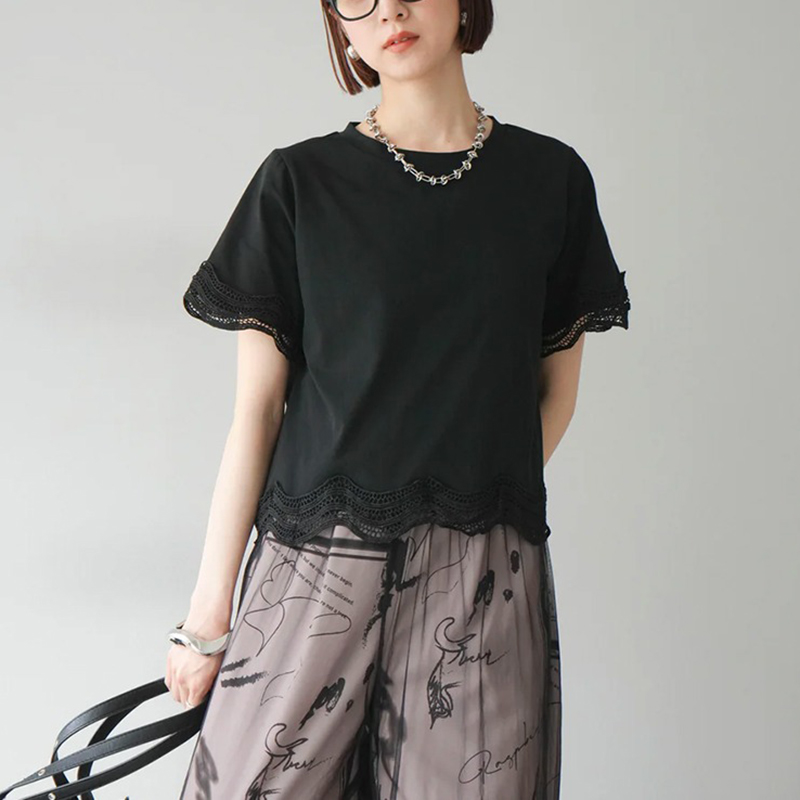 簡約圓領繡拼接短袖T恤(2色)