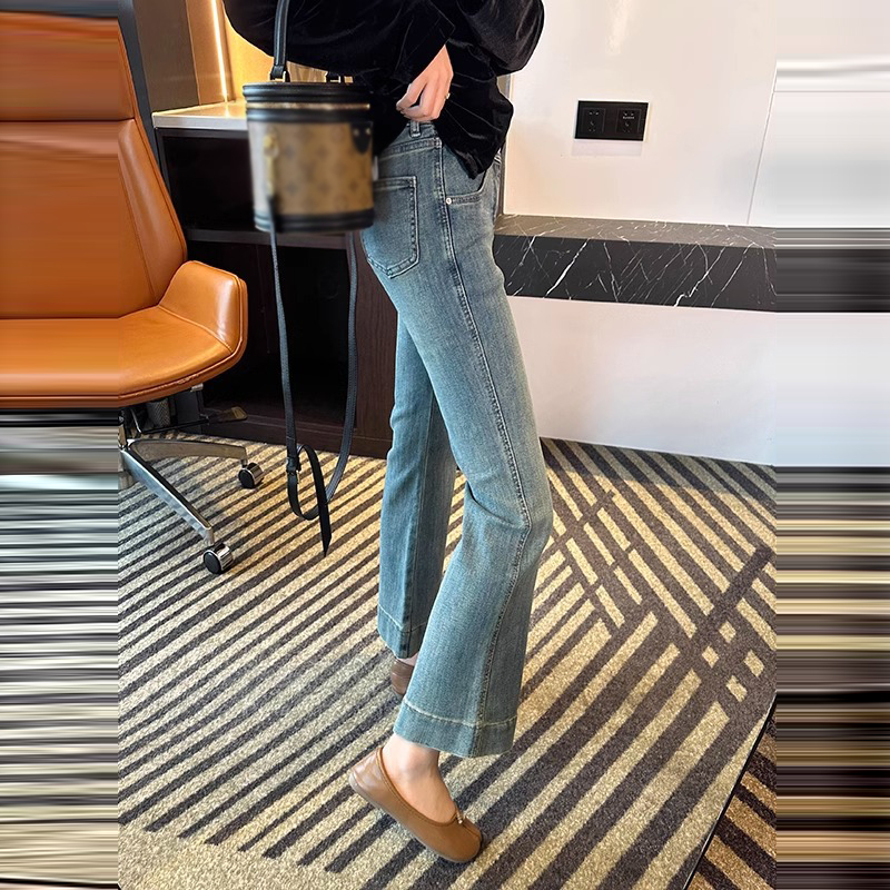 彈性微喇叭高腰顯瘦九分牛仔褲(2色)