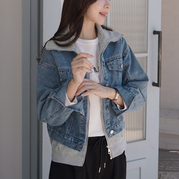 韓國翻領拼色假兩件拉鍊牛仔外套(2色)