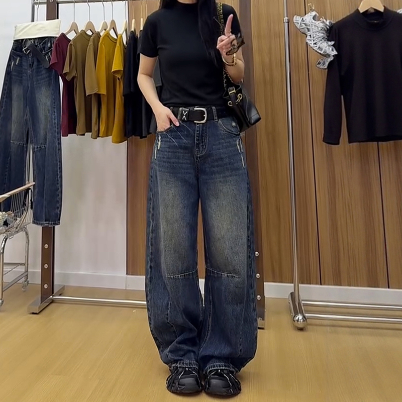 【S-4XL】秋冬闊腿顯瘦寬鬆直筒彎刀牛仔褲