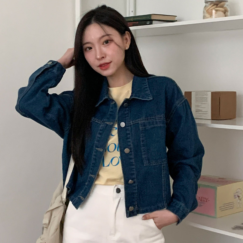 韓國休閒寬鬆系扣翻領短款牛仔外套(2色)