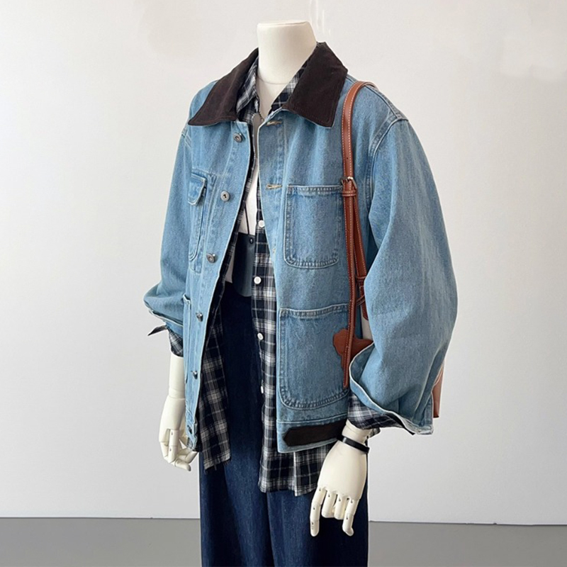 韓系撞色翻領多口袋牛仔外套