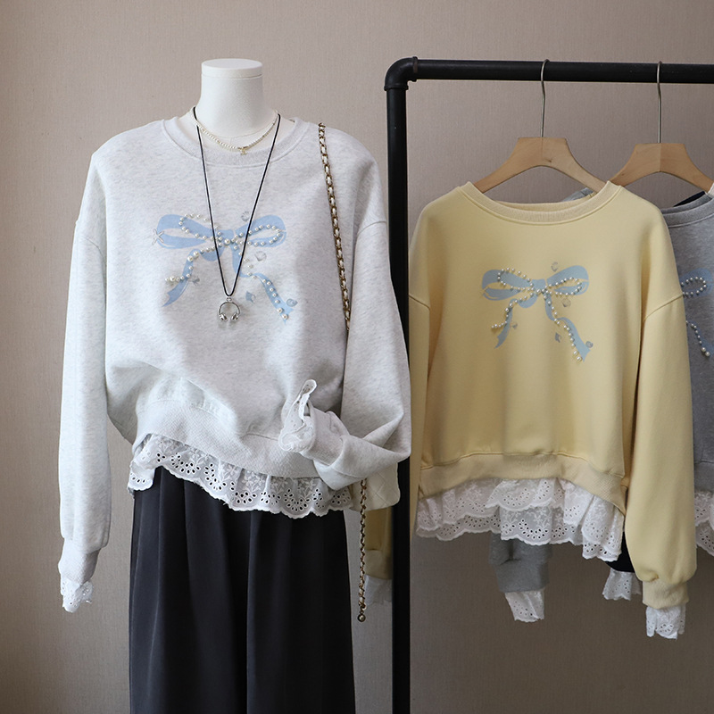 韓系蕾絲拼接蝴蝶結釘珠假兩件衛衣(4色)