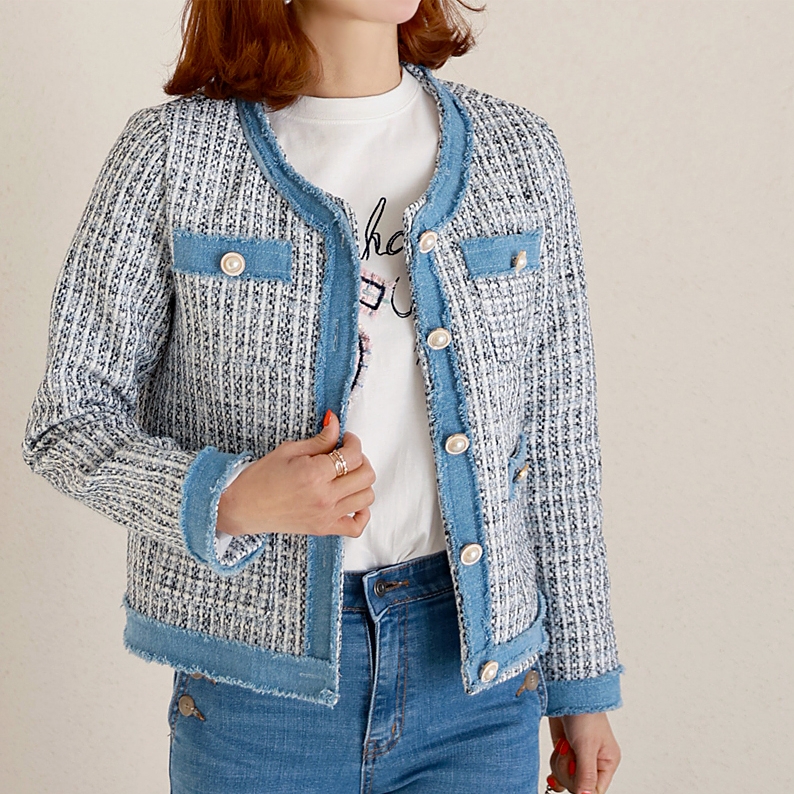 韓國粗花呢珍珠扣格紋牛仔拼色短外套