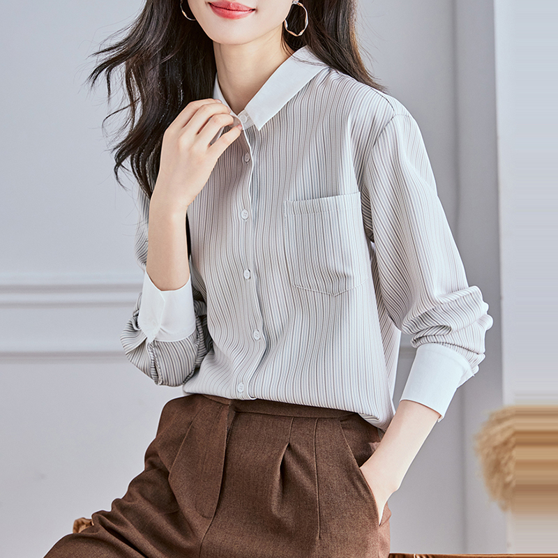 通勤翻領拼接條紋長袖襯衫
