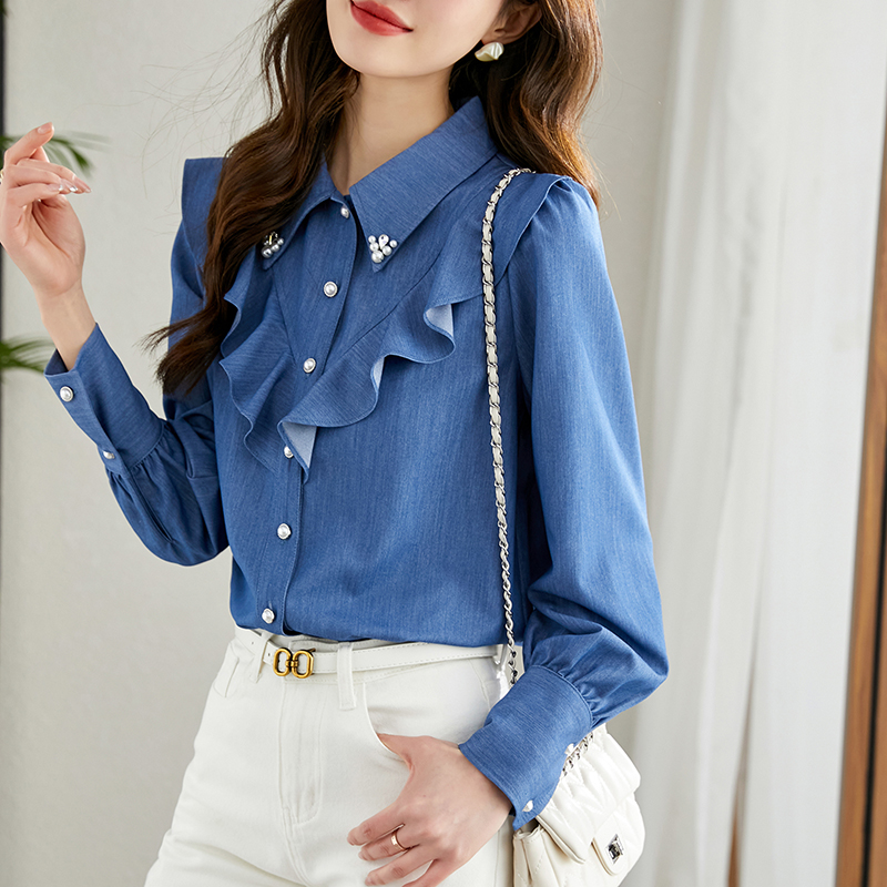 法式復古荷葉邊牛仔長袖襯衫