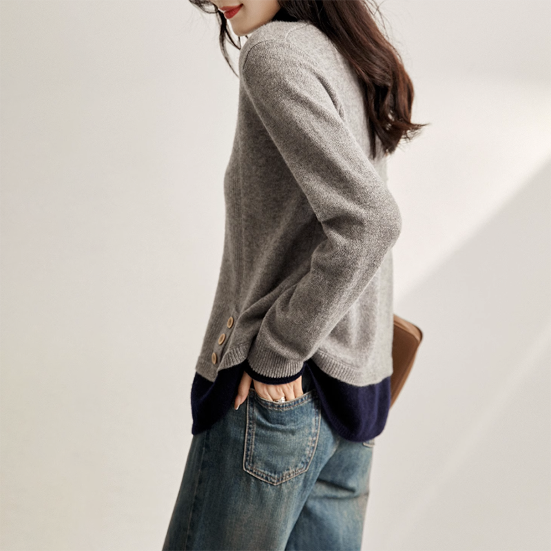 撞色翻領疊搭層次假兩件針織套衫