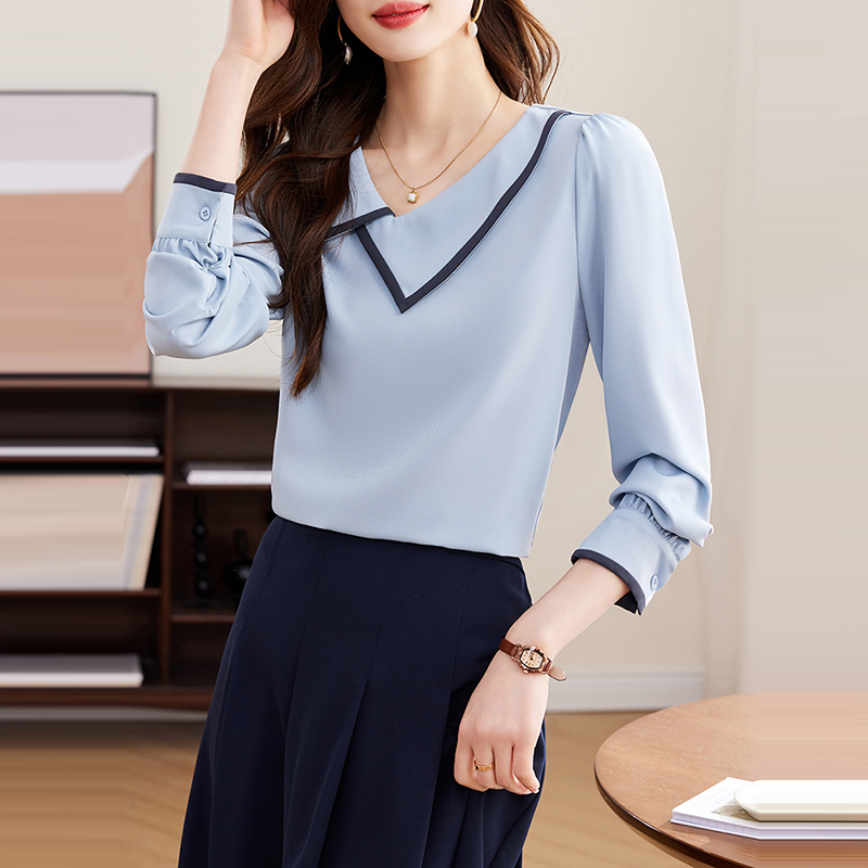 通勤斜領撞色拼接長袖襯衫