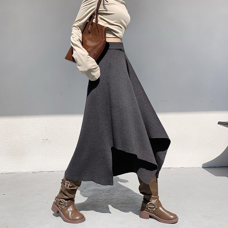 時尚高腰A字不規則針織半身裙(2色)