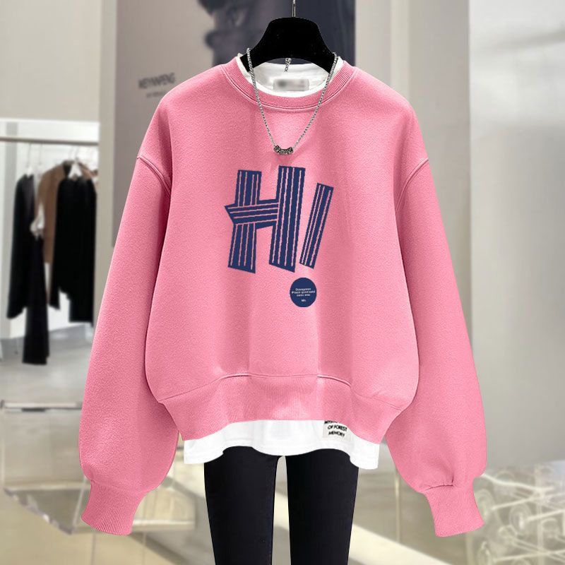 韓系圓領字母假兩件衛衣