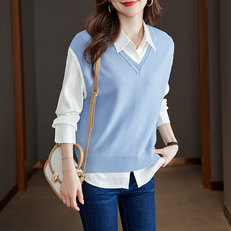 韓系翻領拼接針織假兩件長袖襯衫