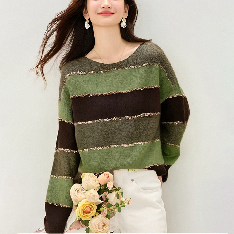 時尚圓領條紋撞色針織毛衣
