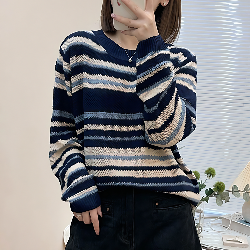 韓系藍色條紋寬鬆柔軟針織衫