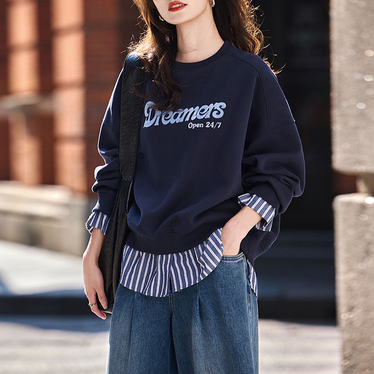 字母印花條紋拼接休閒假兩件衛衣