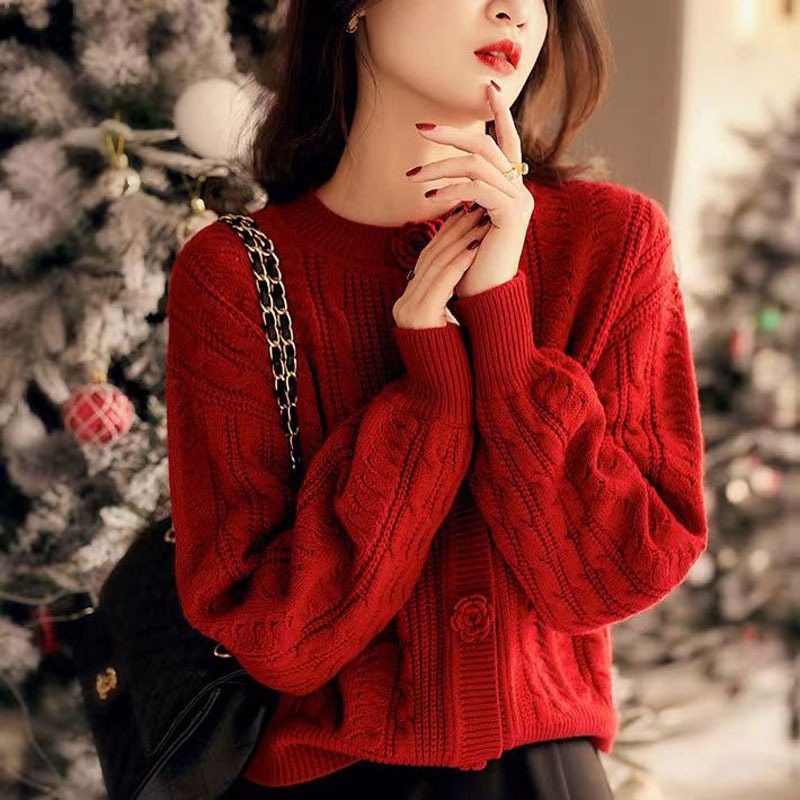 立體花朵提花復古針織開襟衫