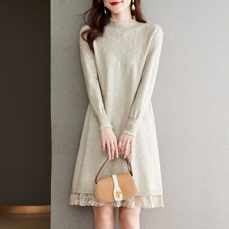 洋氣蕾絲半高領針織毛衣連身裙(4色)