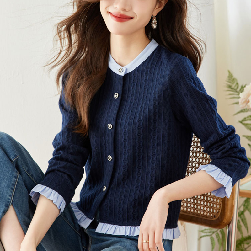 撞色假兩件立領針織衫