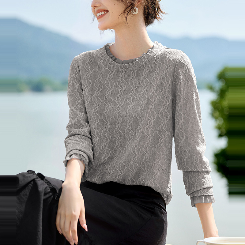 優雅百搭圓領肌理長袖T恤