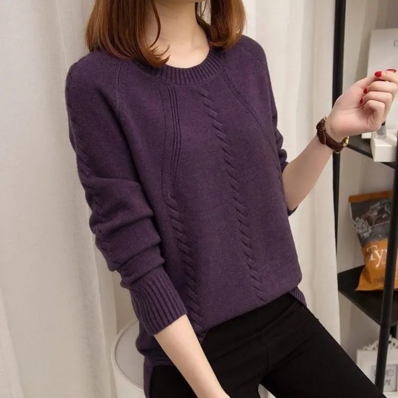 時尚寬鬆圓領長袖針織毛衣
