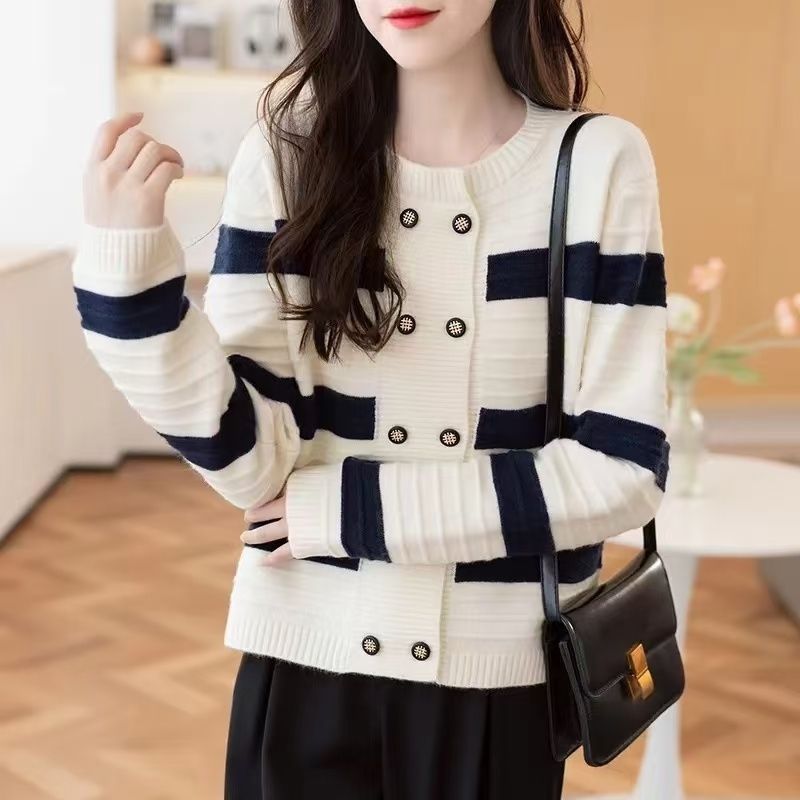 休閒條紋雙排扣針織開襟衫(4色)