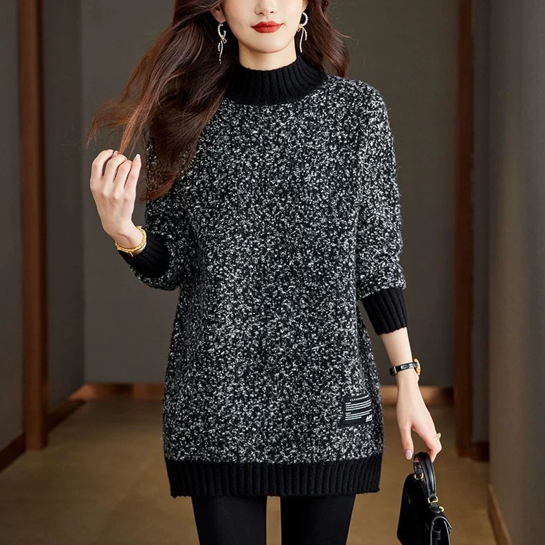 簡約半高領中長針織毛衣