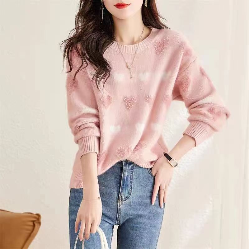 百搭圓領釘珠長袖針織衫(2色)