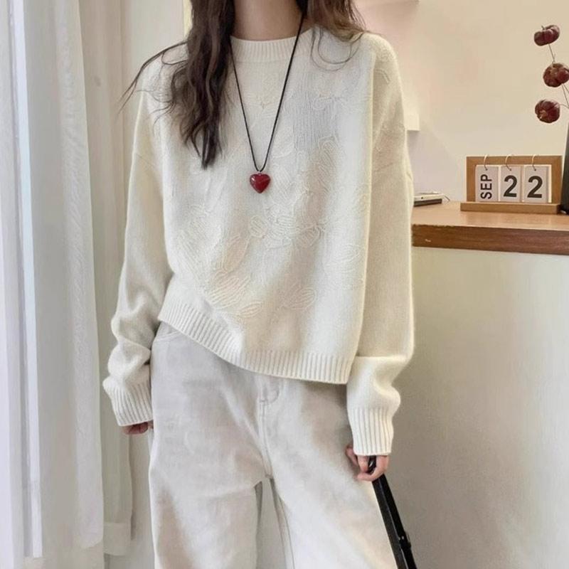時尚提花圓領長袖針織毛衣(2色)
