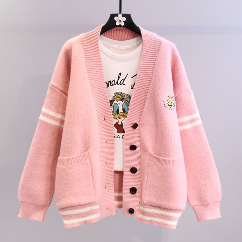 寬鬆V領刺繡小蜜蜂針織開襟衫(3色)